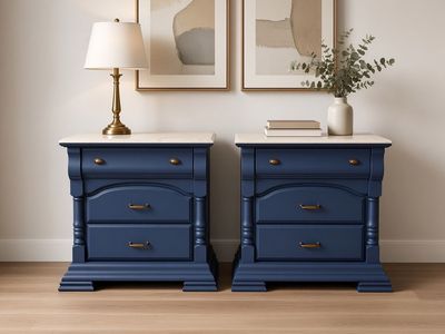 Set of 2 Blue Nightstands with Marble Tops and Three Drawers