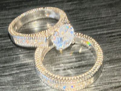 Sterling Silver 925 white saphire Engagement Ring & Wedding Band Set size 7.5
