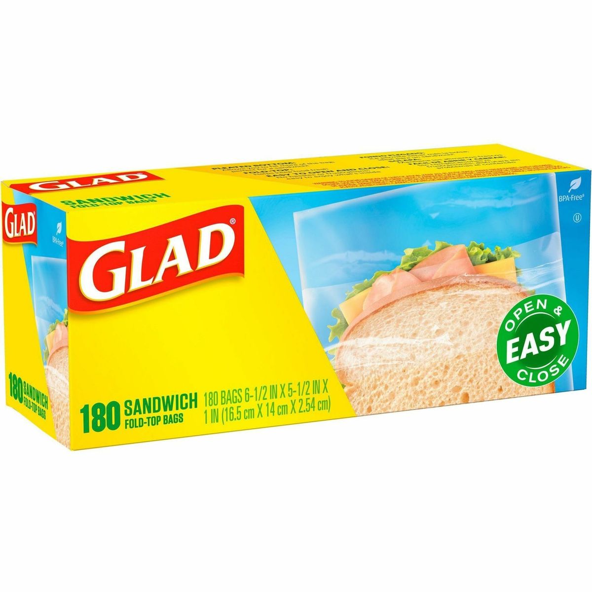 GLAD FOLD TOP FOOD STORAGE PLASTIC SANDWICH BAGS, 6.5 X 5.5, CLEAR, 180 BAGS/BOX, 12 BOXES/CARTON-NEW IN ORIGINAL BOX!!!