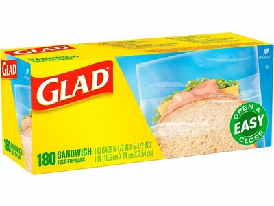 GLAD FOLD TOP FOOD STORAGE PLASTIC SANDWICH BAGS, 6.5 X 5.5, CLEAR, 180 BAGS/BOX, 12 BOXES/CARTON-NEW IN ORIGINAL BOX!!!