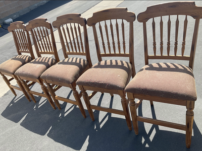 5 Matching Wooden Bar Stools - Country Farmhouse Swivel Pub Chairs