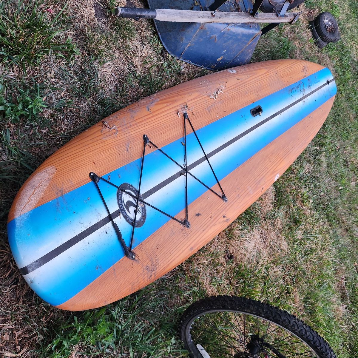 Classic Wood Grain Stand Up Paddle Board SUP with Blue Stripe and Bungee