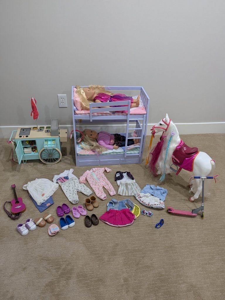 Our Generation Doll & Accessory Lot: Bunk Beds, Horse, Scooter, Clothes, and More!