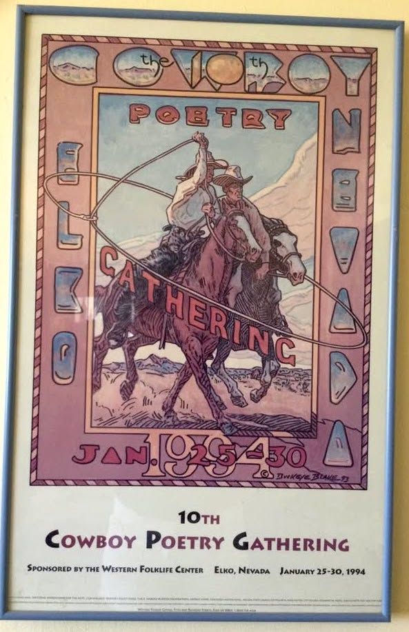 Vintage Framed 1994 10th Cowboy Poetry Gathering Poster Elko Nevada Buckeye Blake Art