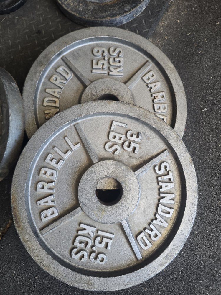 Standard Barbell 35lb (15.9kg) Weight Plates (Pair) - Used Grey Cast Iron Dumbbell/Barbell Plates