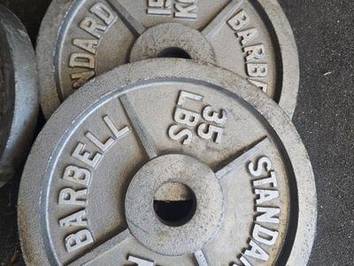 Standard Barbell 35lb (15.9kg) Weight Plates (Pair) - Used Grey Cast Iron Dumbbell/Barbell Plates