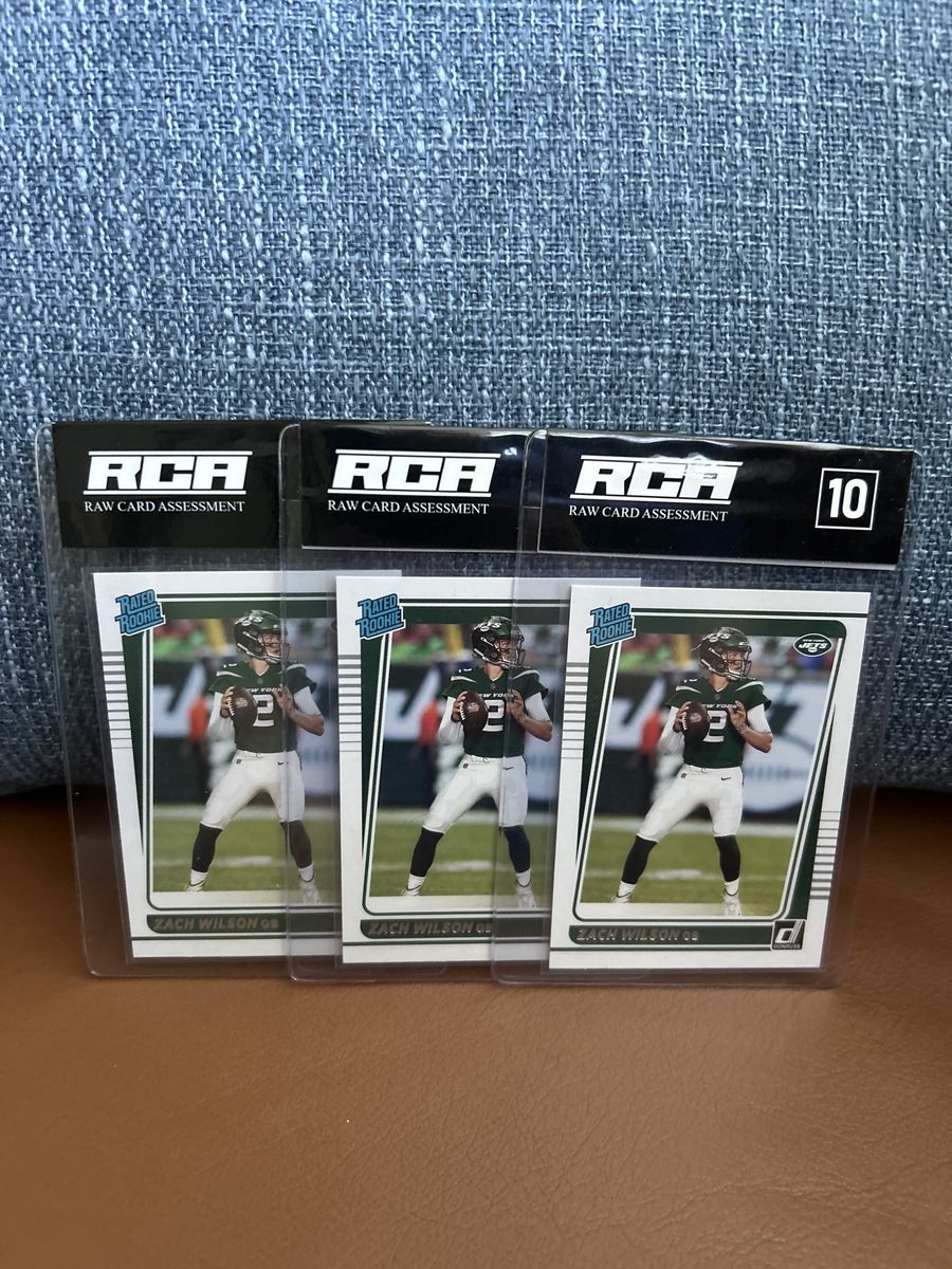 2021 Donruss Gem Mint 10 BYU Zach Wilson RC Donruss Rated Rookie Football Cards - Lot of 3, Raw Card Assessment. NEW YORK JETS