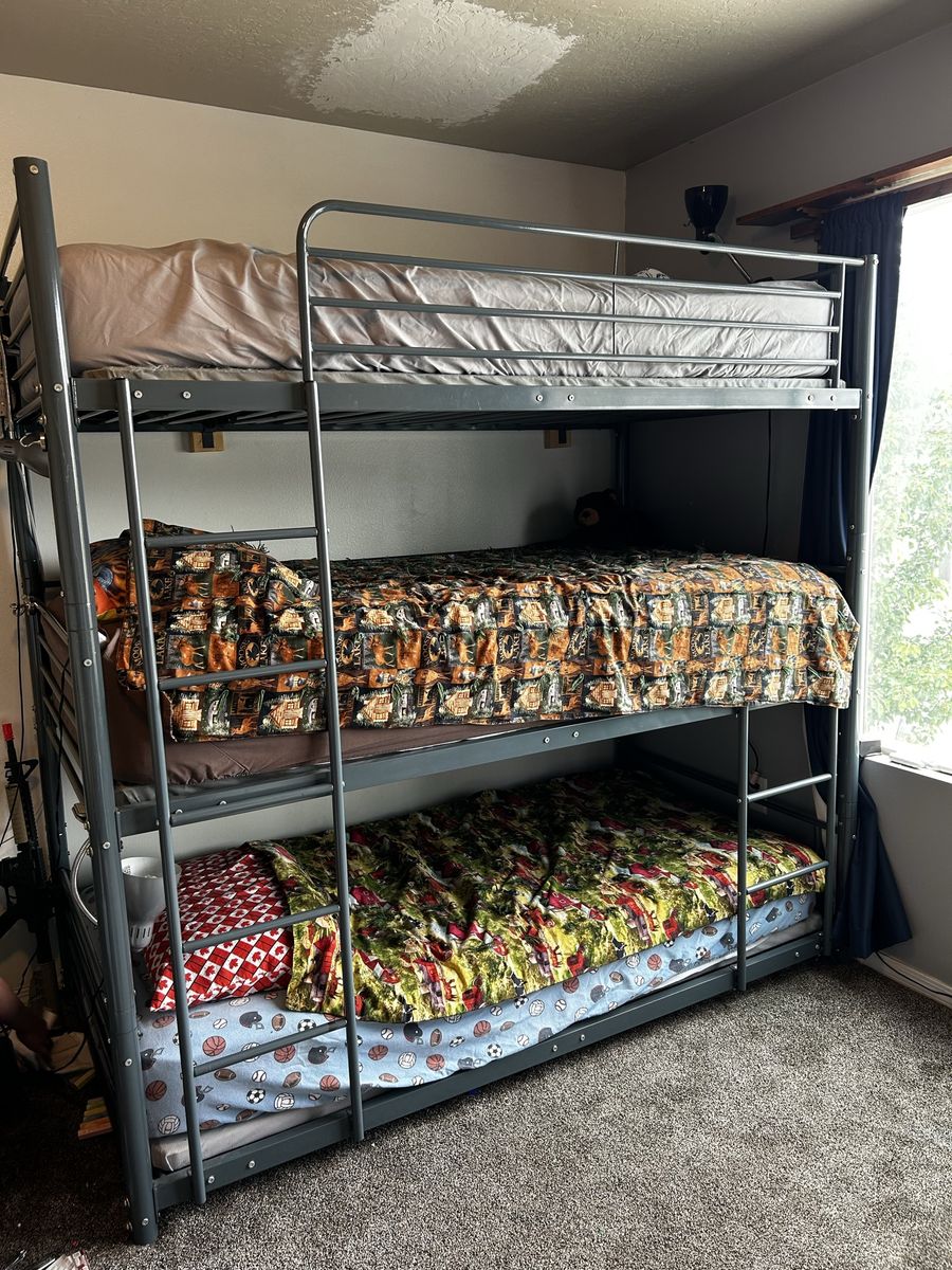 Used Triple Bunk Bed with Mattresses - Gray Metal Frame, 76" Tall