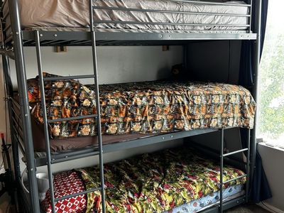 Used Triple Bunk Bed with Mattresses - Gray Metal Frame, 76" Tall