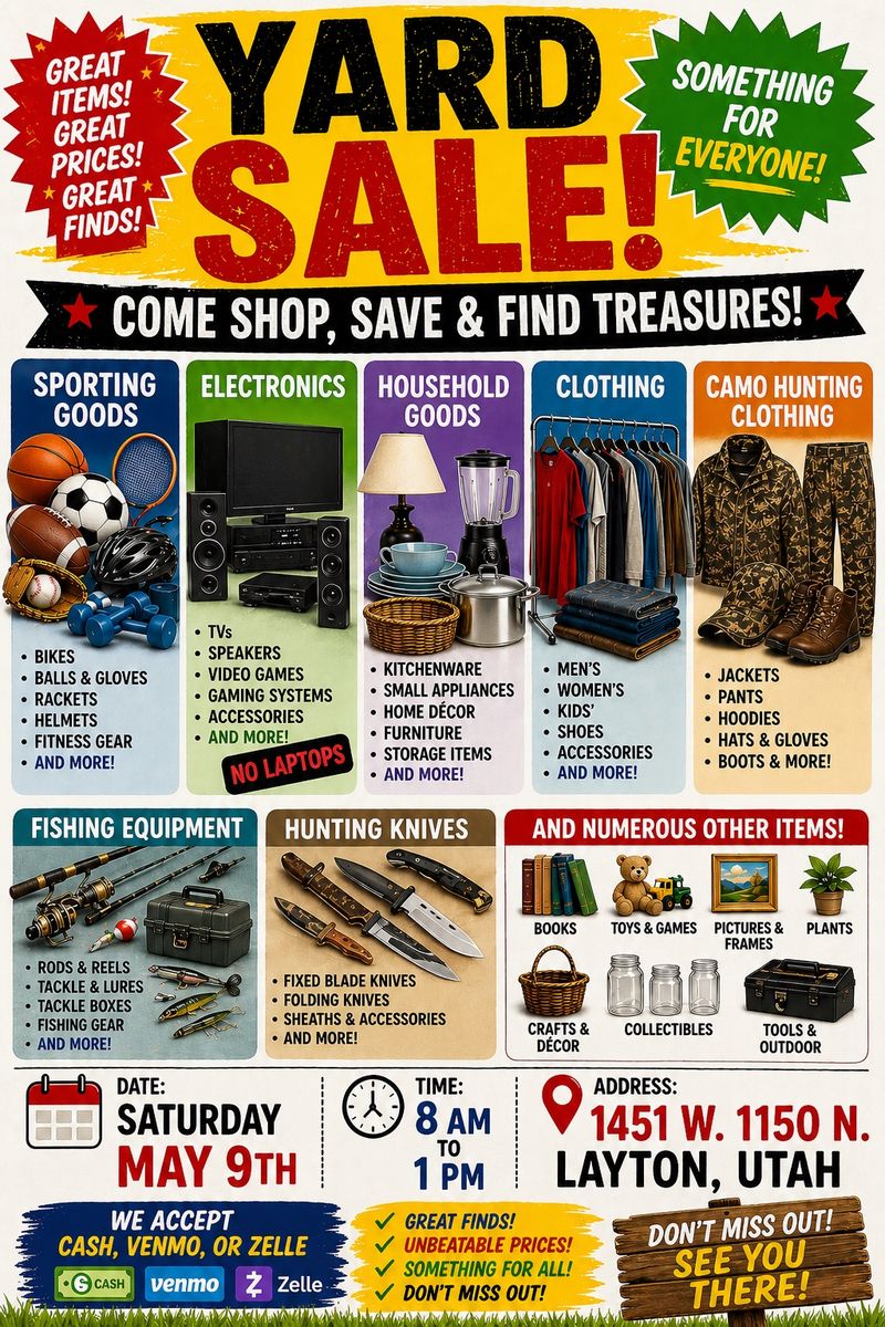 HUGE LAYTON YARD SALE MAY 9th  8 AM TO 1 PM
