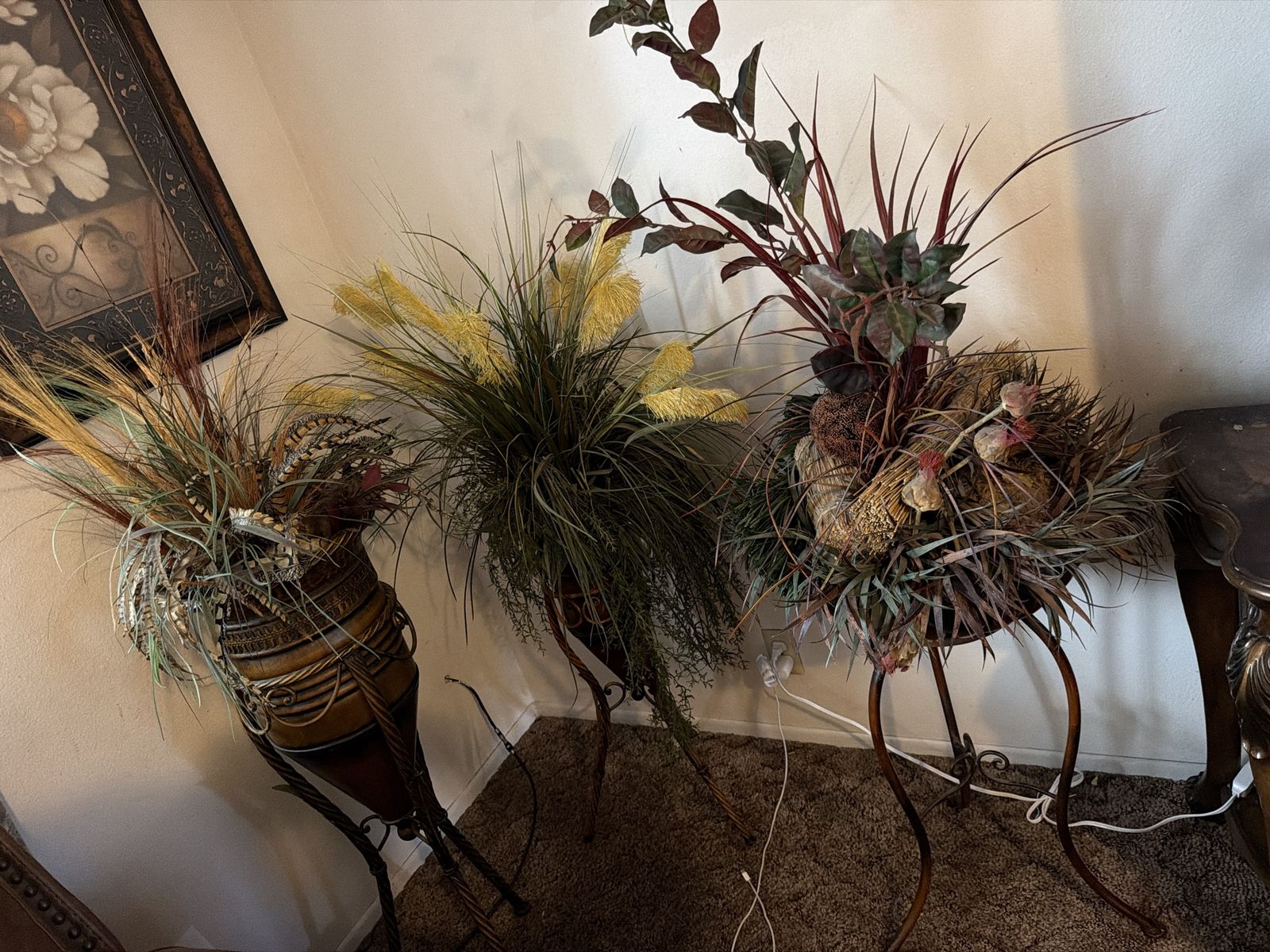 Set of 3 Decorative Standing Vases with Artificial Floral Arrangements