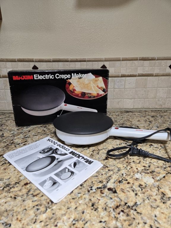 Maxim Electric Crepe Maker with Dipping Plate - White/Black, Includes Original Box & Manual