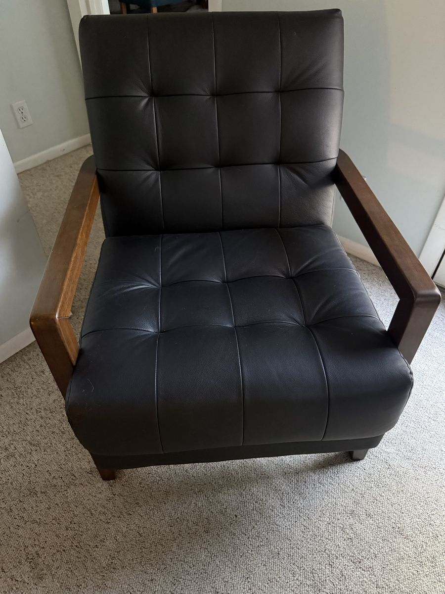 Tufted Black Faux Leather Armchair with Wood Arms - Modern Accent Chair
