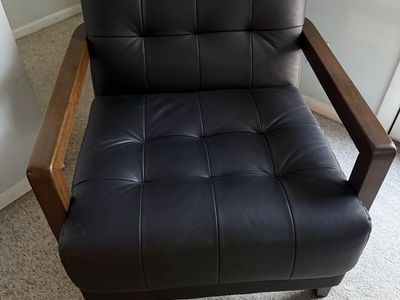 Tufted Black Faux Leather Armchair with Wood Arms - Modern Accent Chair