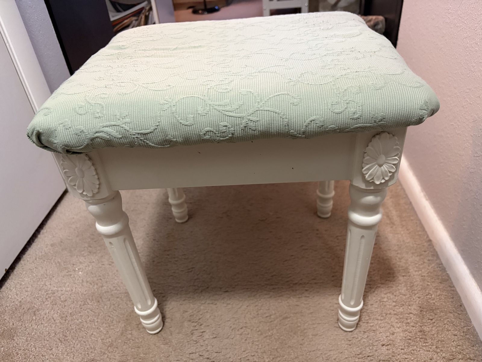 DIY Reupholstered Sage Green & White Wood Footstool - Floral Carvings