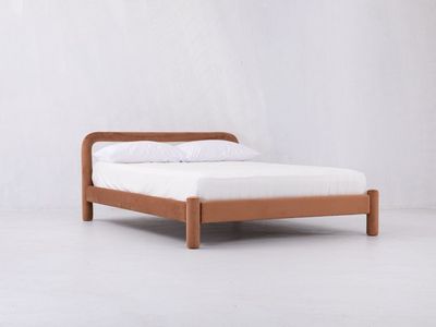 Queen Size Bed Frame with Headboard - 100% Performance Velvet in Teracotta
