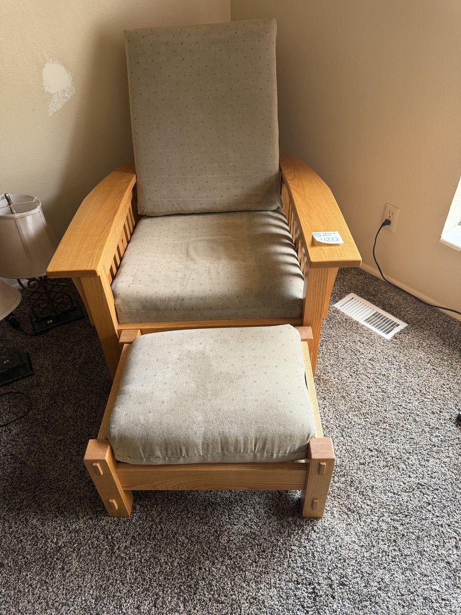 Mission Style Oak Wood Chair and Ottoman Set - Cushioned Upholstery
