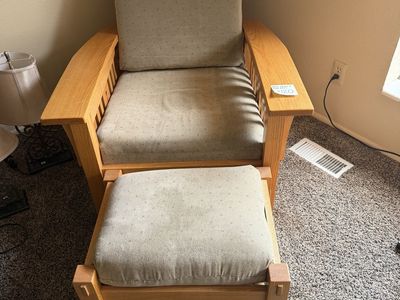 Mission Style Oak Wood Chair and Ottoman Set - Cushioned Upholstery