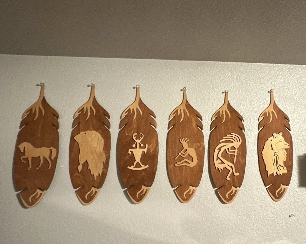 Set of 6 Wooden Feather Wall Hangings - Native American Inspired Kokopelli, Bear, Horse Designs