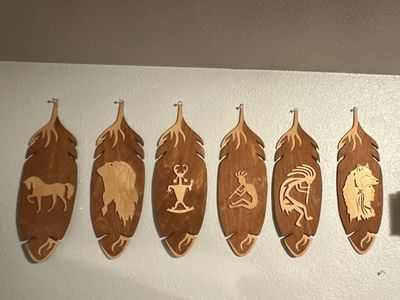 Set of 6 Wooden Feather Wall Hangings - Native American Inspired Kokopelli, Bear, Horse Designs
