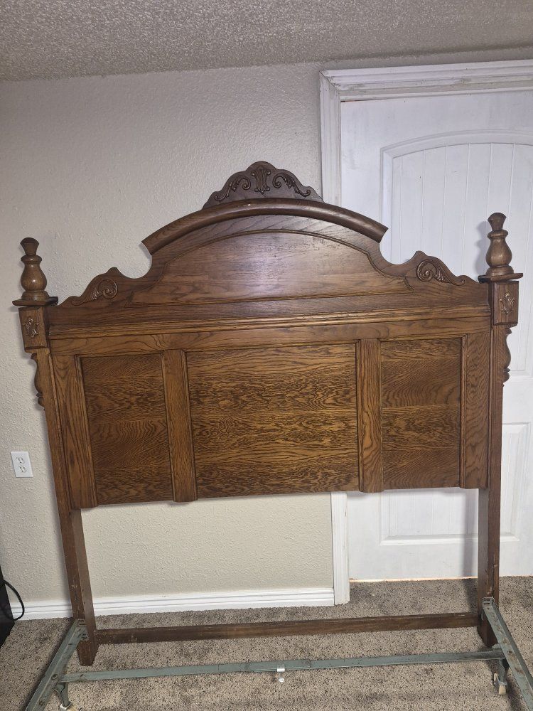 Vintage Wooden Headboard and Footboard Set with Carved Details