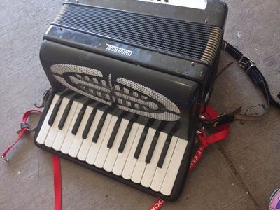 Universal Accordion - Black Piano Accordion with Red Straps - Used Musical Instrument