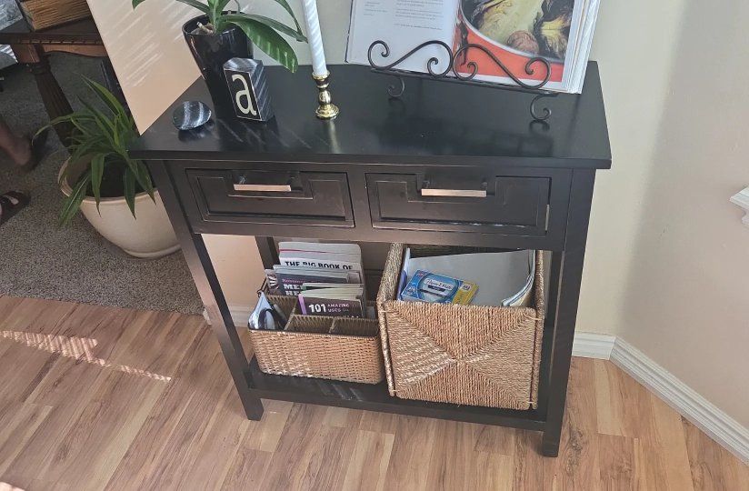 Black Console Table with 2 Drawers and Lower Shelf Storage, entryway table