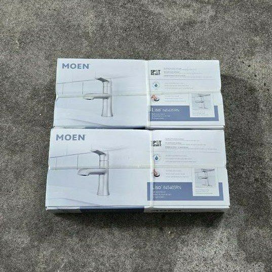 2 Brand NEW Sealed Box Moen Liso Single Handle Single Hole Bathroom Faucet Spot Resist Brushed Nickel
