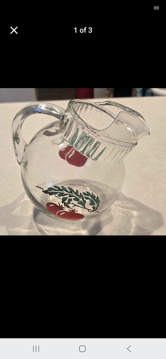 VTG Anchor Hocking Clear Glass Ball Shaped Pitcher With Tomato Design Collectible