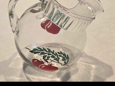 VTG Anchor Hocking Clear Glass Ball Shaped Pitcher With Tomato Design Collectible