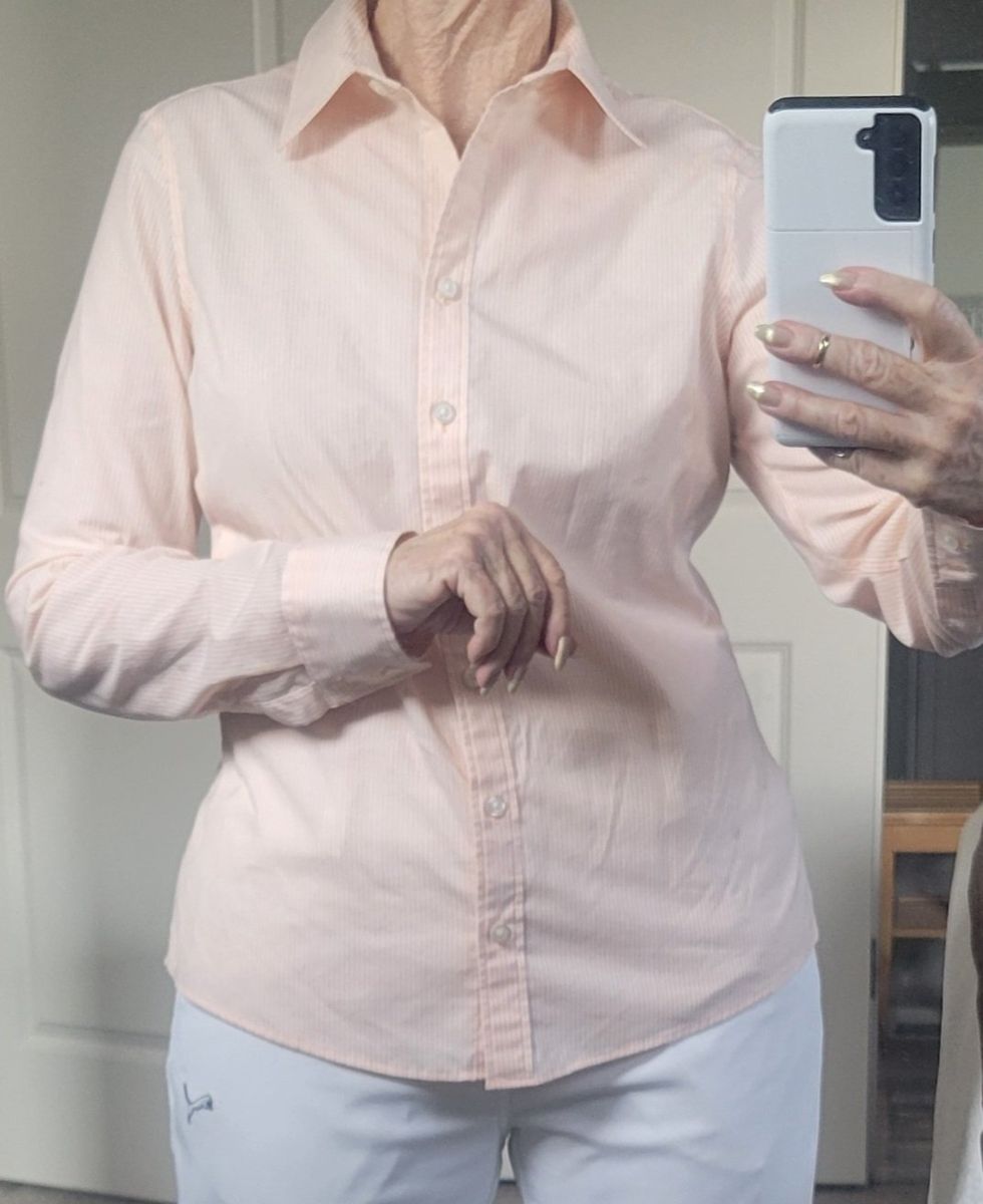 Banana Republic Non-Iron Fitted Stretch Blouse, Women's Size 10, Light Orange Pinstripe