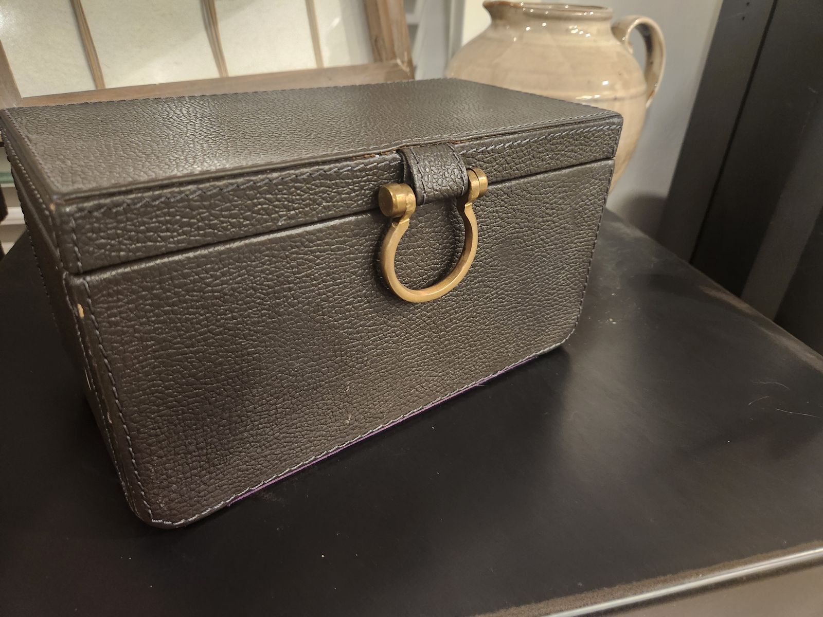 Pottery Barn Dark Brown Leather Jewelry Box with Purple Velvet Interior & Mirror