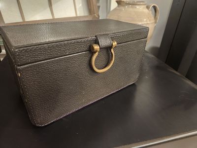 Pottery Barn Dark Brown Leather Jewelry Box with Purple Velvet Interior & Mirror