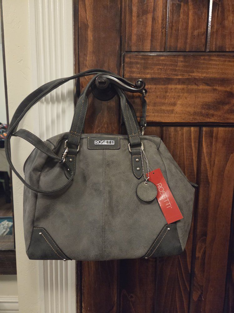 Rosetti Grey Faux Suede Satchel Handbag with Detachable Shoulder Strap, New with Tags