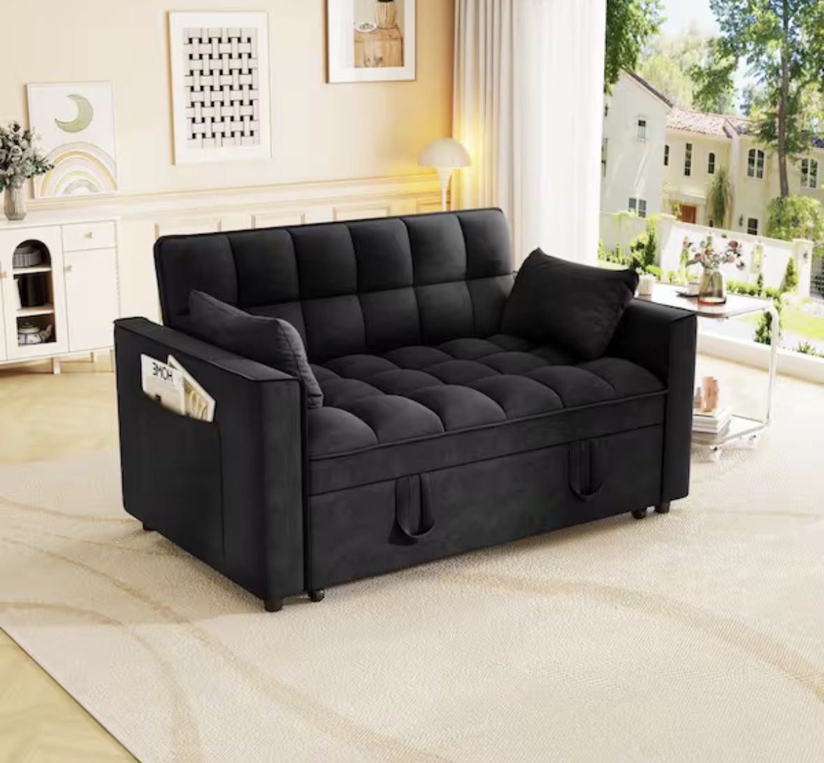 53" Convertible Pull Out Sleeper Sofa Bed, Tufted Black Loveseat