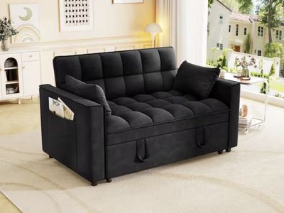 53" Convertible Pull Out Sleeper Sofa Bed, Tufted Black Loveseat