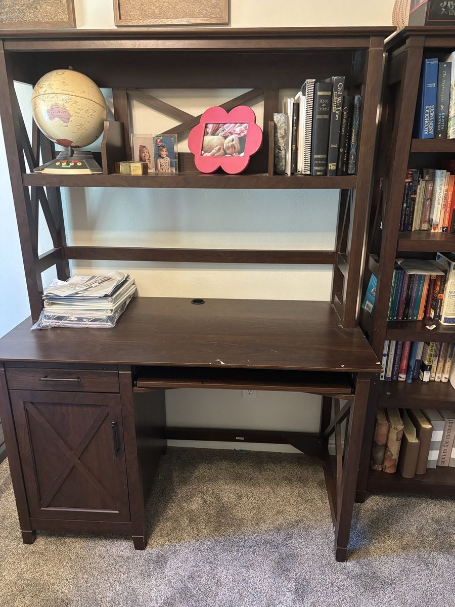 Dark Wood Computer Desk with Hutch and Storage Cabinet