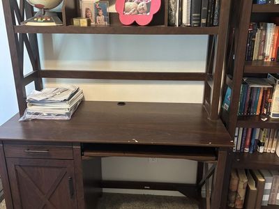 Dark Wood Computer Desk with Hutch and Storage Cabinet