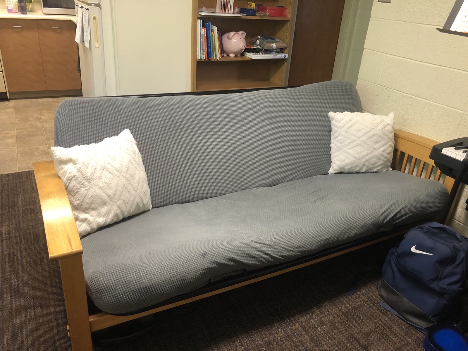 Wooden Frame Futon with Mattress and Removable Gray Cover - Converts to Bed