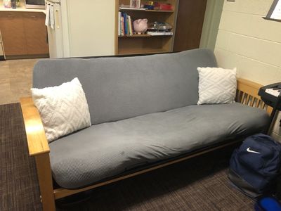 Wooden Frame Futon with Mattress and Removable Gray Cover - Converts to Bed