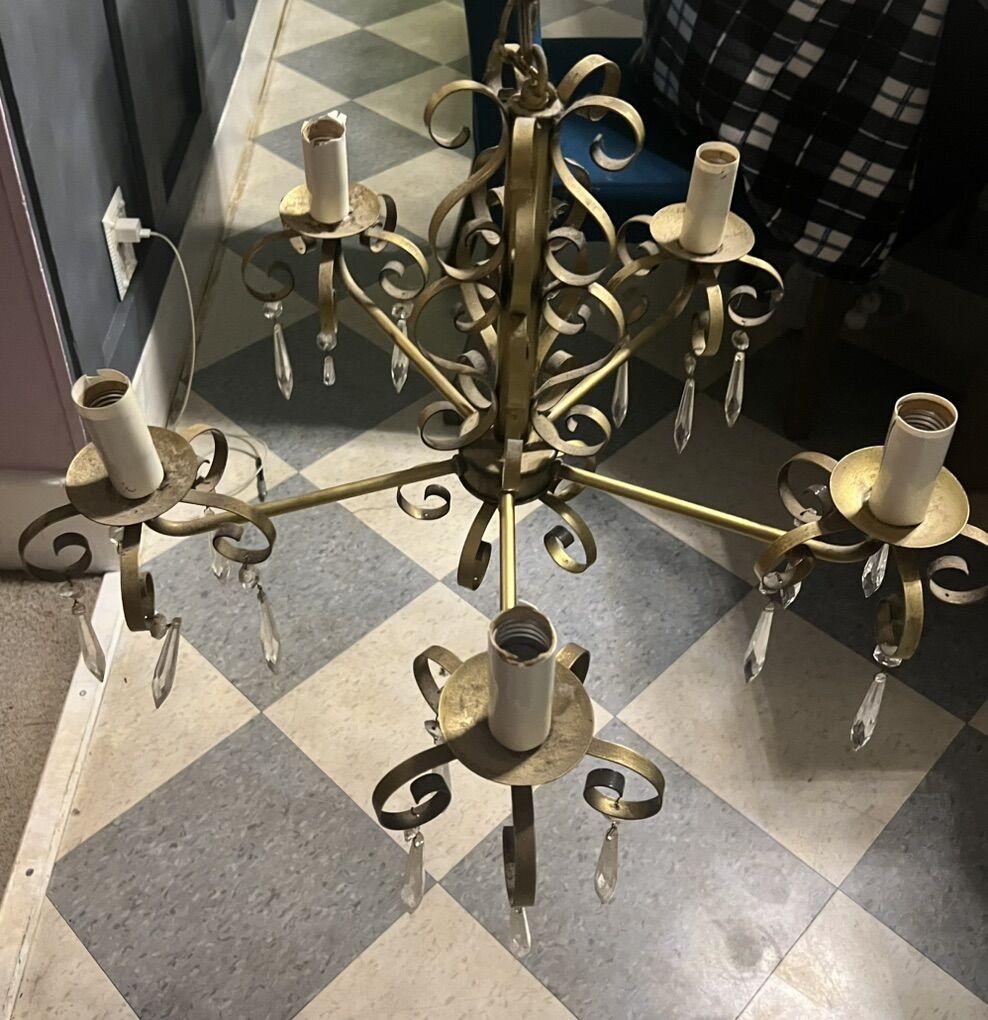 Antique Brass 5 Bulb Chandalier Crystal Pendants