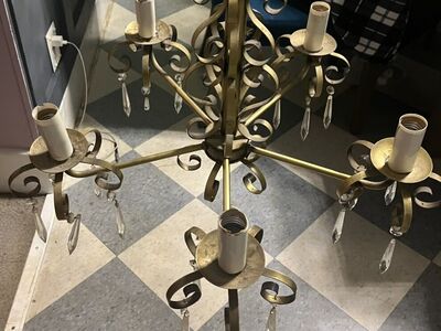 Antique Brass 5 Bulb Chandalier Crystal Pendants