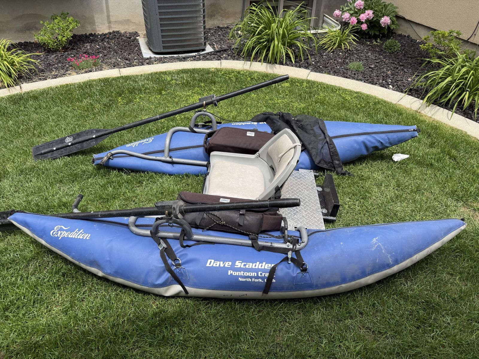Dave Scadden Expedition Pontoon Craft, Blue, w/ Oars, Seat, Footrests, Pump & Fins