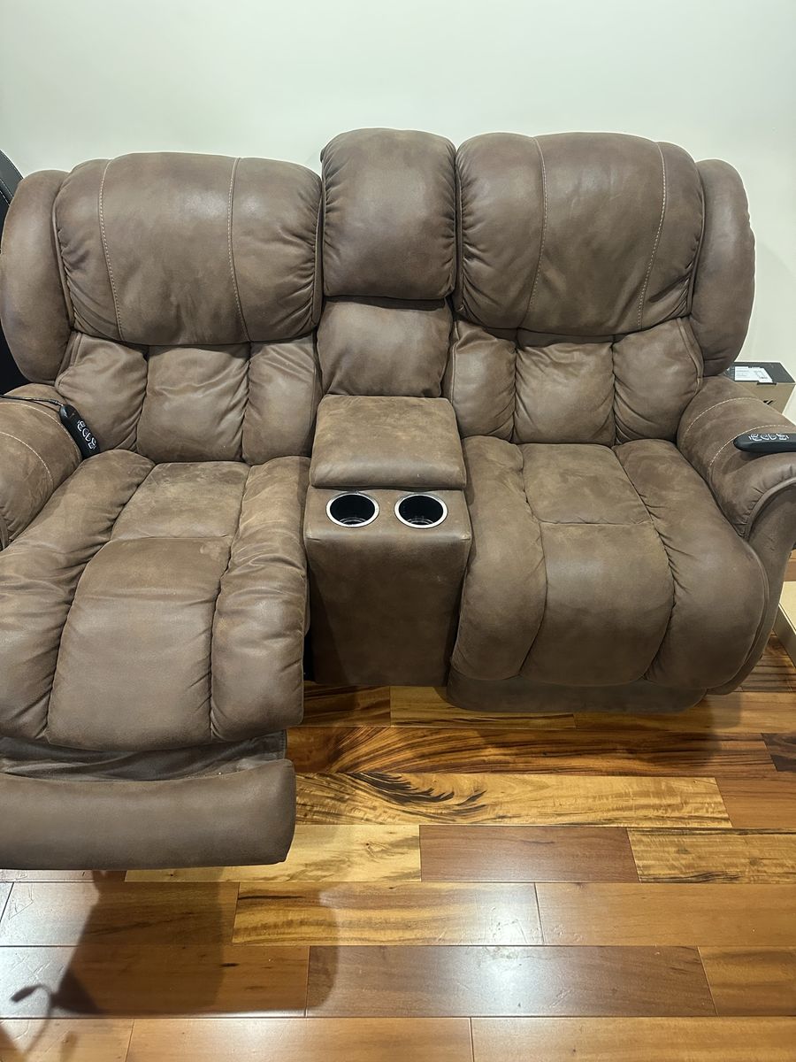 Brown Reclining Loveseat with Console and Cupholders - Used, Good Condition