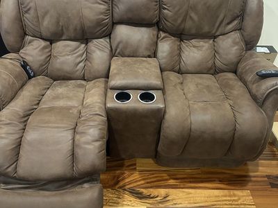 Brown Reclining Loveseat with Console and Cupholders - Used, Good Condition