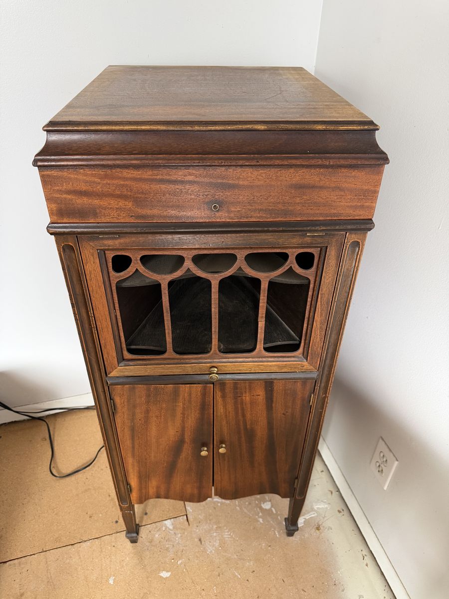 Antique Cheney Talking Machine Turntable Console Cabinet with Speaker Space and Lower Storage Doors