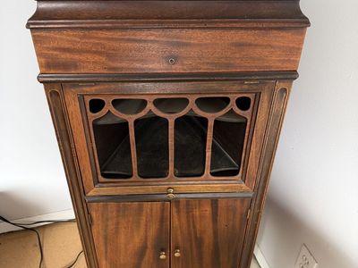 Antique Cheney Talking Machine Turntable Console Cabinet with Speaker Space and Lower Storage Doors