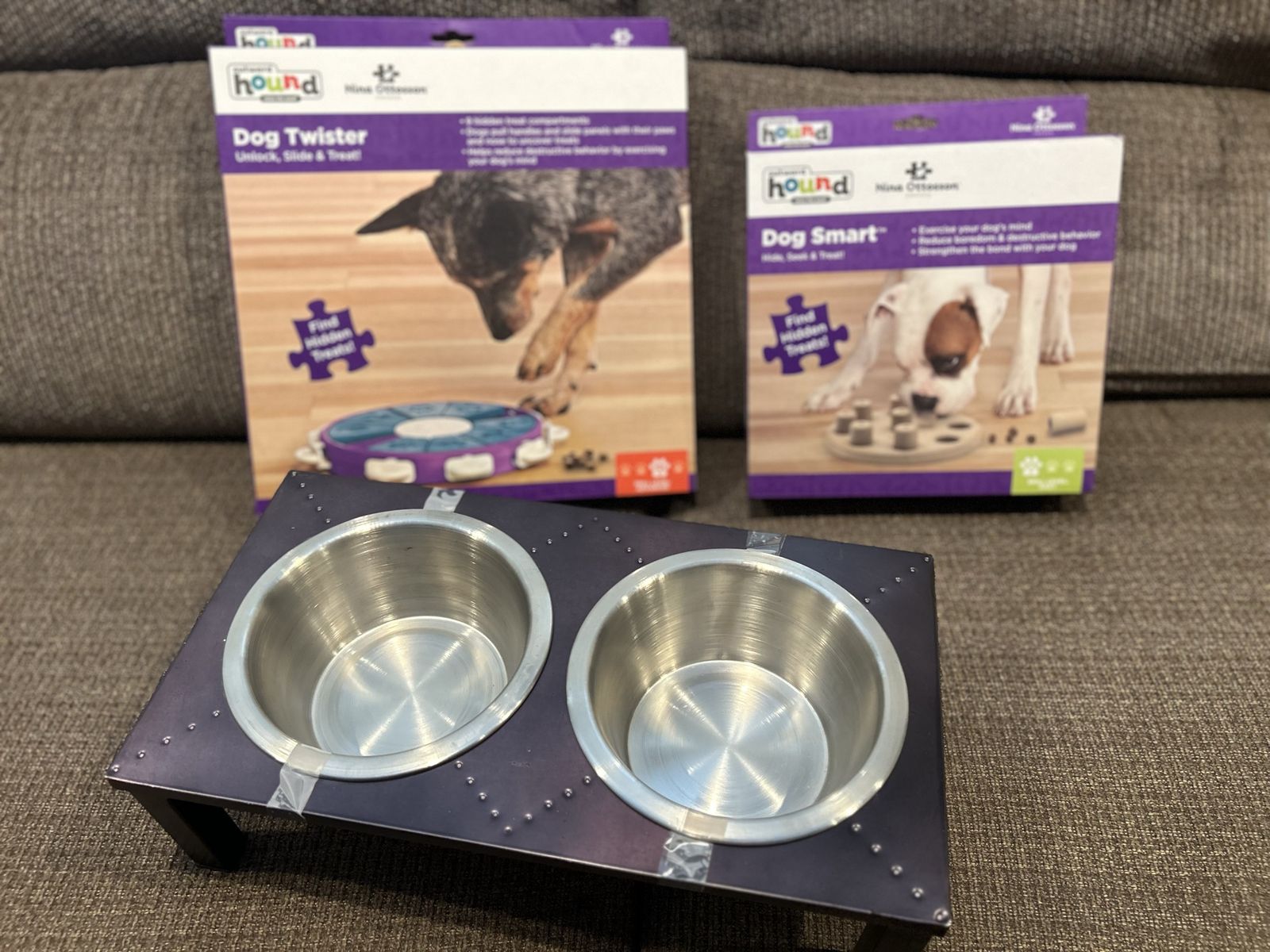 Brand New Outward Hound Dog Puzzle Toys (Dog Smart, Dog Twister) & Elevated Double Dog Bowl Stand