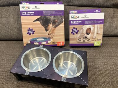 Brand New Outward Hound Dog Puzzle Toys (Dog Smart, Dog Twister) & Elevated Double Dog Bowl Stand