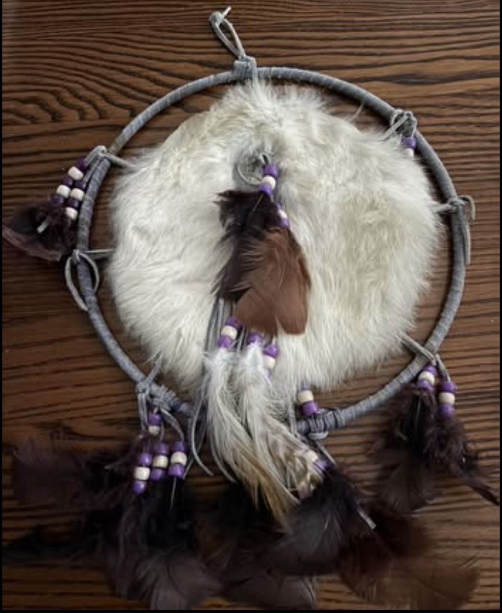 Handmade Native American Style Dream Catcher - White Fur, Feathers, Purple/White Beads